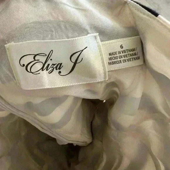 Eliza J Fit & Flare Pleated Navy Cream Striped Dress Belted Pink Bow Sash 6 - Picture 7 of 7